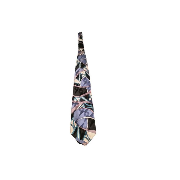 Vintage Necktie Screenplay Martin Wong Silk Geometric Abstract Blue Black Beige - Picture 5 of 8